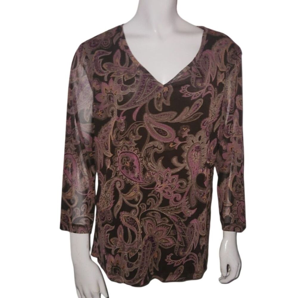 Crroft and Barrow V Neck Brown And Rose Sheer Blouse Womens Size XL
